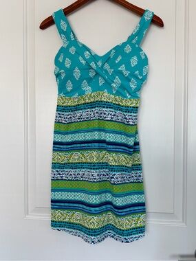 Lands' End Turquoise Green Striped Long Dresskini Tankini Top 8D